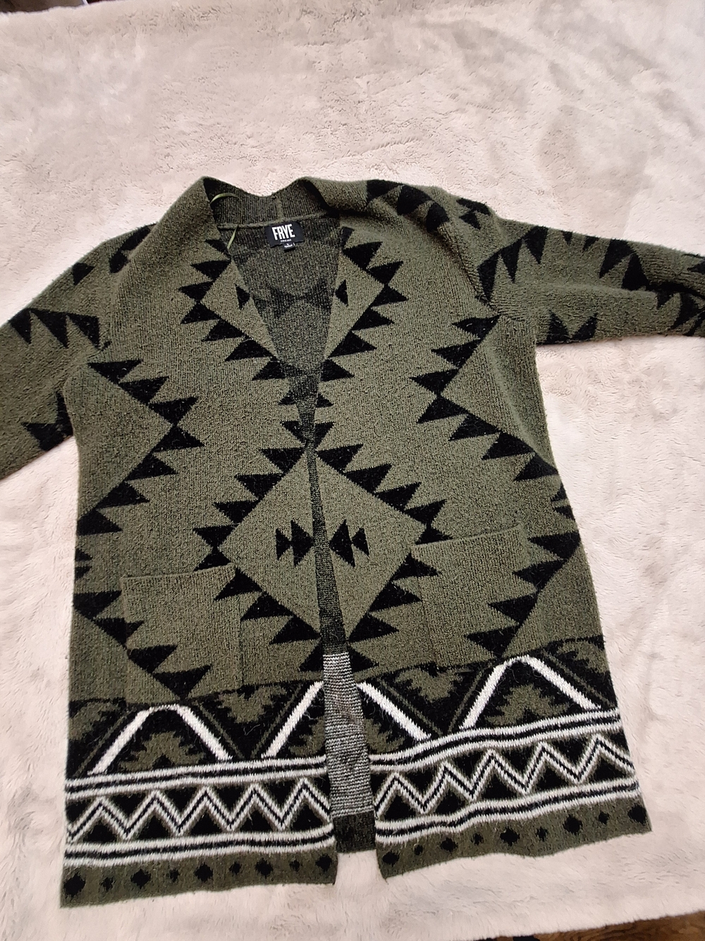 FRYE Olive Green Aztec Open-Front Womens Cardigan Sweater Large